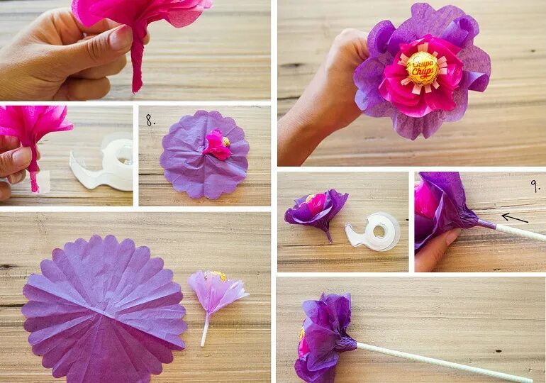 Цветы из чупа чупсов и салфеток. Цветы из чупа чупсов и гофрированной бумаги. Цветочек из чупа чупса. Цветы из гофрированной бумаги. Цветочек из чупа чупса.