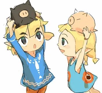 Legend of Zelda Wind Waker art Link and Aryll playing with pigs vegg Le...