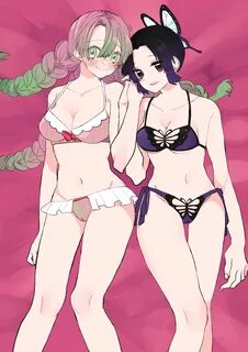 kanroji mitsuri, kochou shinobu, demon slayer, kimetsu no yaiba, pink backg...