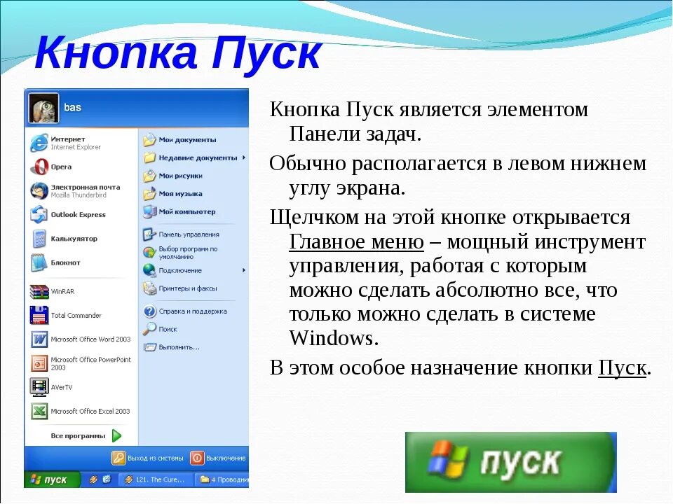 Элементы рабочего стола Windows. Меню пуск. Кнопка пуск предназначена для. Элементы меню пуск. Основное главное меню