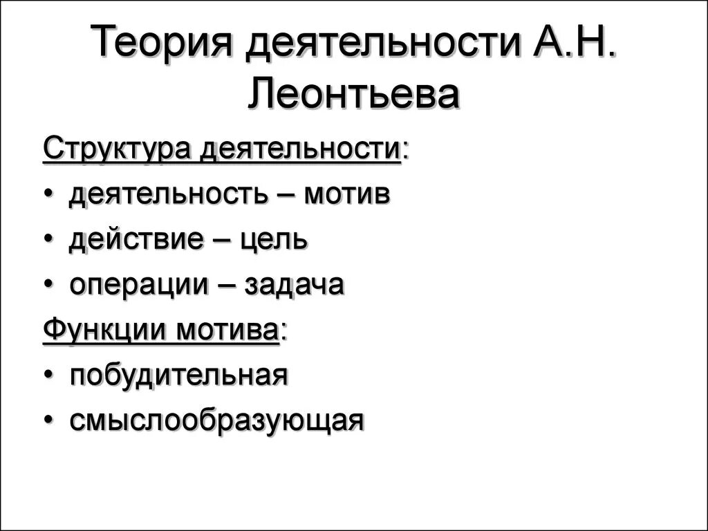 Действия операции мотив. Теория деятельности Леонтьева. Теория деятельности а.н Леонтьева. Теория ведущей деятельности а.н Леонтьева. А Н Леонтьев теория деятельности.