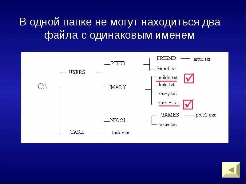 2 Название файла. Имена файлов и папок. Два файла с одинаковыми именами и расширениями. Одна папка.