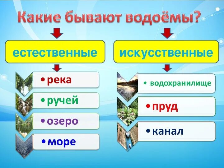 Какие бывают водоемы. Схема какие бывают водоемы. Искусственные водоёмы названия. Естественные и искусственные водоемы.