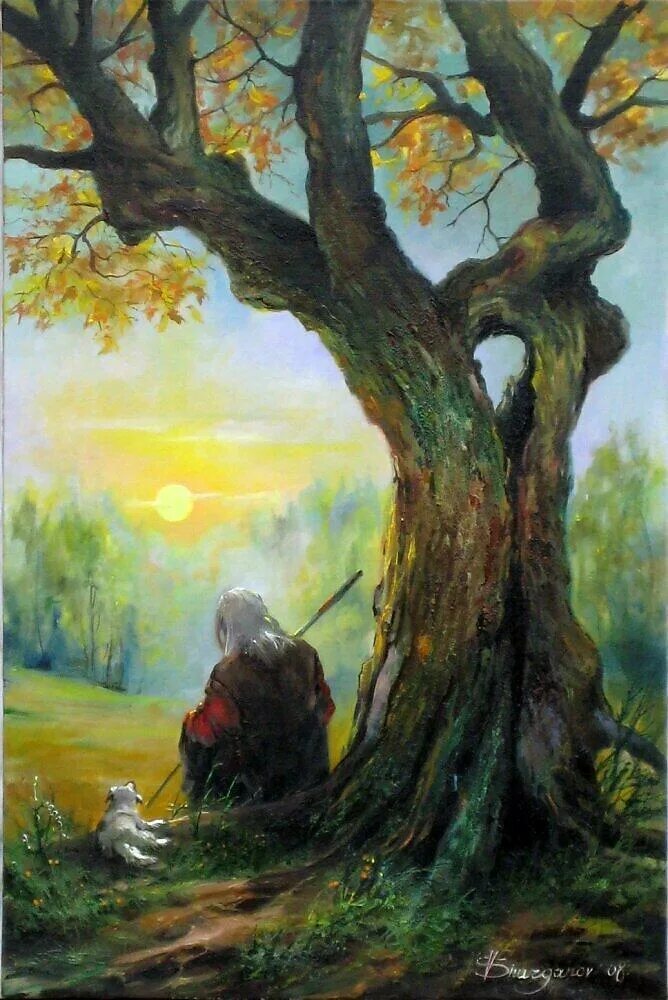 Человек под дубом. Художник Vladislav Shurganov картины. Сидит под деревом.