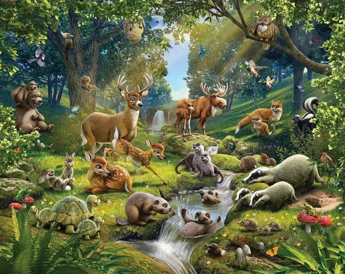 Жизнь животных в разное время. Звери в лесу. Обитатели леса. Лес с животными. Сказочный лес с животными.