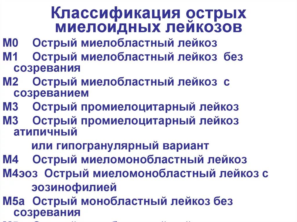 Острый миелоидный лейкоз прогноз. Миелобластный лейкоз классификация. Острый лейкоз миелоидный ОМЛ м3. Острый миелобластный лейкоз у детей классификация. Острый миелоидный лейкоз классификация.