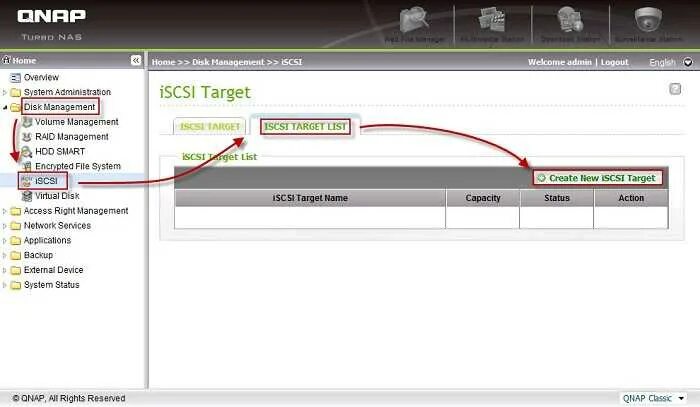 ISCSI диск. ISCSI target. QNAP статусы.