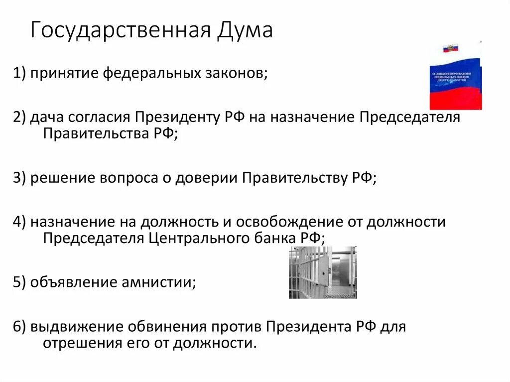 Дума приняла амнистию. Государственная Дума принимает федеральные законы. Государственной Думой принимаются. Решение вопроса о доверии правительству Российской Федерации. Выдвижение обвинения против президента РФ для отрешения.