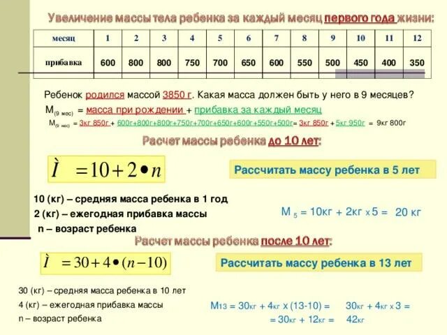 Посчитать вес. Расчет прибавки массы детей. Формулы для расчета прибавки роста и массы детей. Формула расчета роста ребенка. Формула расчёт Ароста ребёнка.