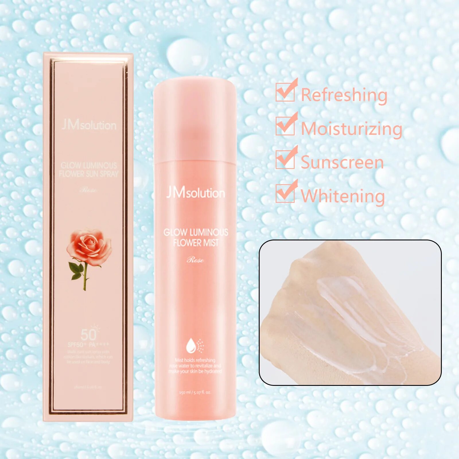 Солнцезащитный спрей с дамасской розой JMSOLUTION Glow Luminous Flower Sun Spray Rose 180 ml. Солнцезащитный спрей с розой JMSOLUTION Glow Luminous Flower Sun Spray spf50+ pa++++. JM solution солнцезащитный спрей Glow Luminous Flower Sun Spray Rose spf50+. Mqny dewy water glow lip