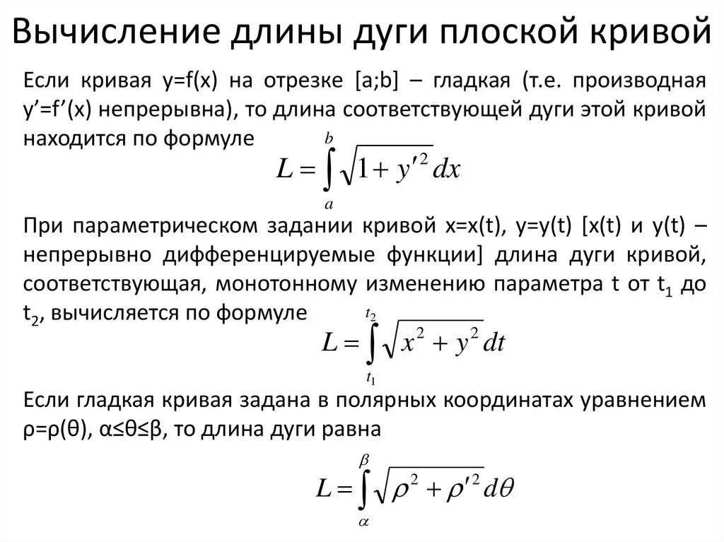 Найти длину дуги прямой. Длина дуги плоской Кривой формула. Формулы для вычисления длины плоской дуги. Вычисление длин дуг плоских кривых. Формула для нахождения длины дуги плоской Кривой.