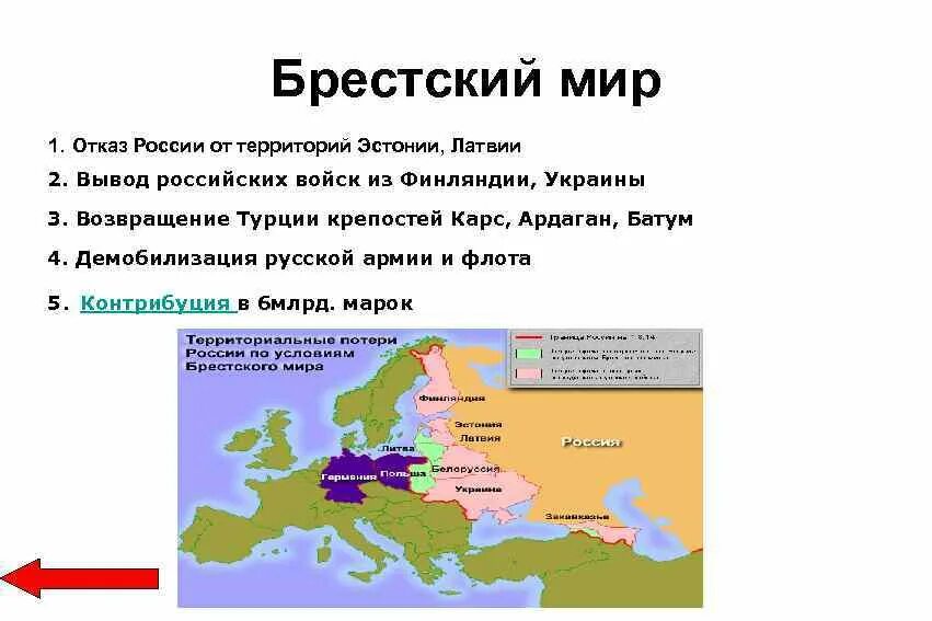 Заключение брест литовского мирного договора кто. Итоги первой мировой войны Брестский мир. Брестский мир 1918 таблица.