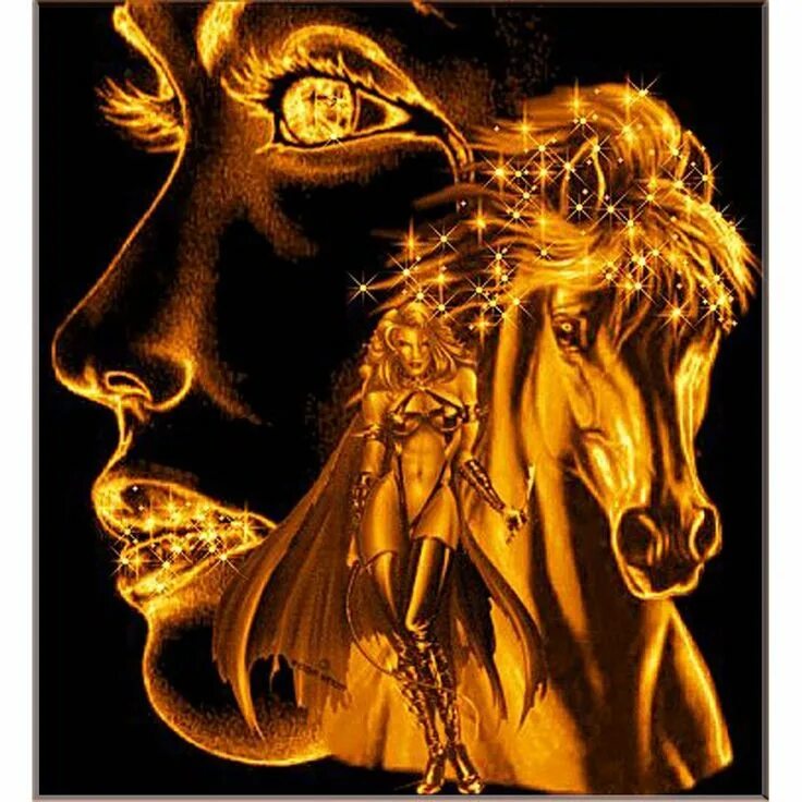 Огненный конь. Огненная лошадь. Золотой конь. Картина черная с золотом. Animal gold