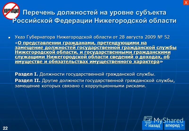 Список гос должностей на уровне субъекта. Указ 52 ум