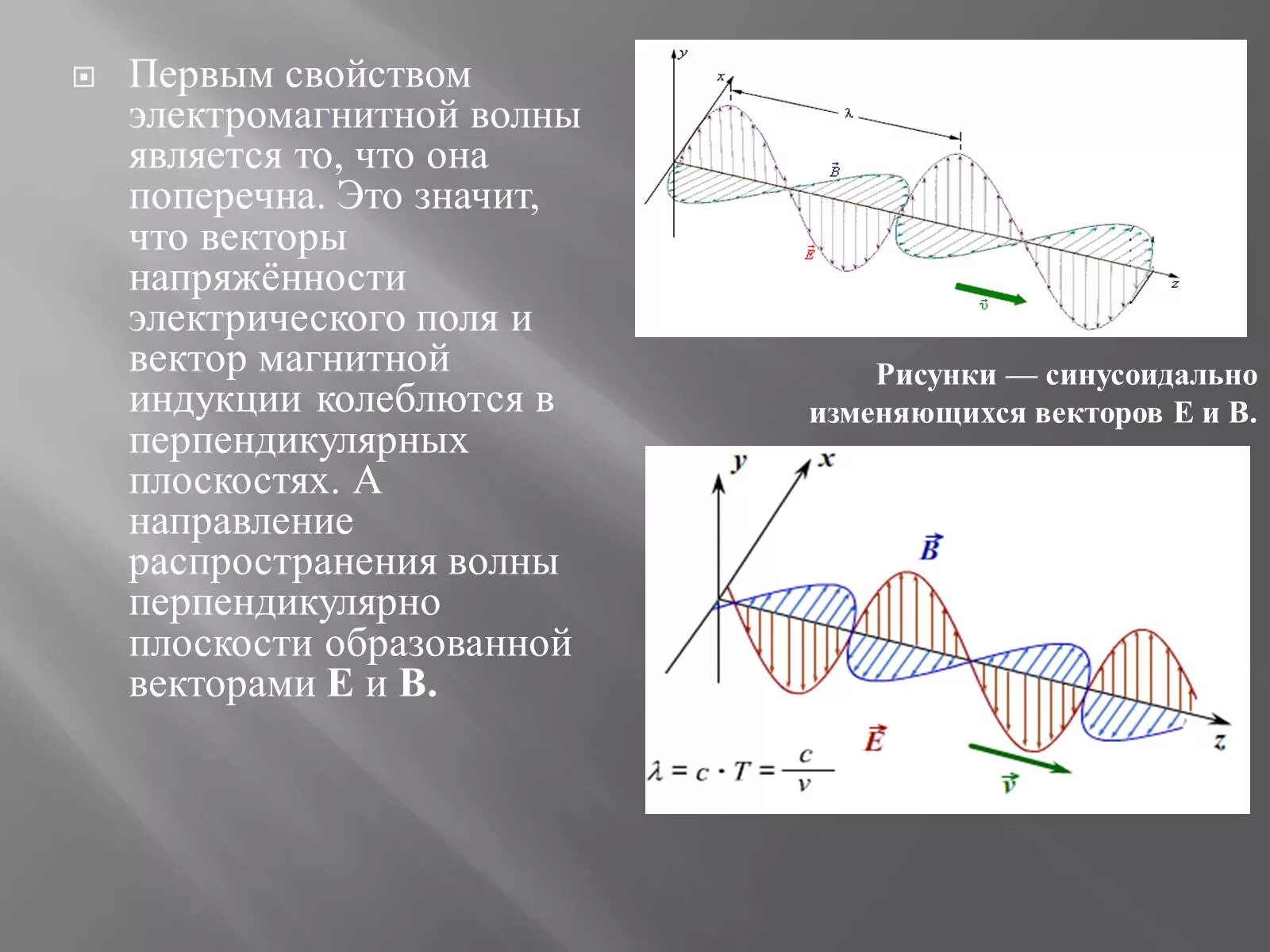 Доклад на тему электромагнитные волны. ЭМВ поперечная волна. Направление распространения электромагнитной волны. Вектор напряженности электромагнитной волны. Вектор распространения электромагнитной волны.