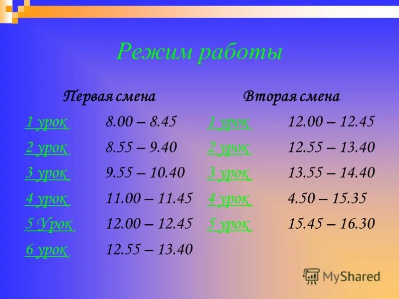 1 Смена. График работы первой смены. График работы 1 смена. Режимы работы на уроке.