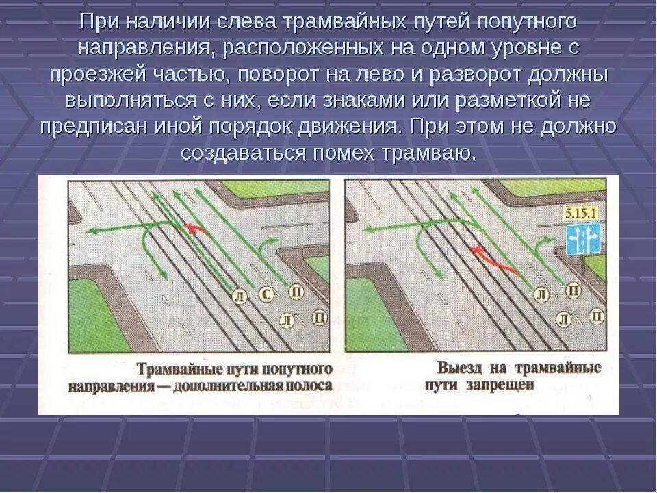 Сплошная линии попутного направления. Проезд по трамвайным путям попутного направления ПДД. При наличии слева трамвайных путей попутного направления. Выезд на трамвайные пути попутного направления. Поворот и разворот на трамвайных путях.