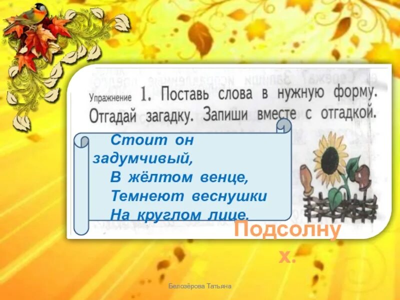 Поставь отгадай загадки. Стоит он задумчивый в желтом венце темнеют. Стоит он задумчивый в желтом венце темнеют веснушки на круглом лице. Стоит он задумчивый в желтом венце загадка. Поставь слова в нужную форму отгадай загадку запиши вместе с отгадкой.