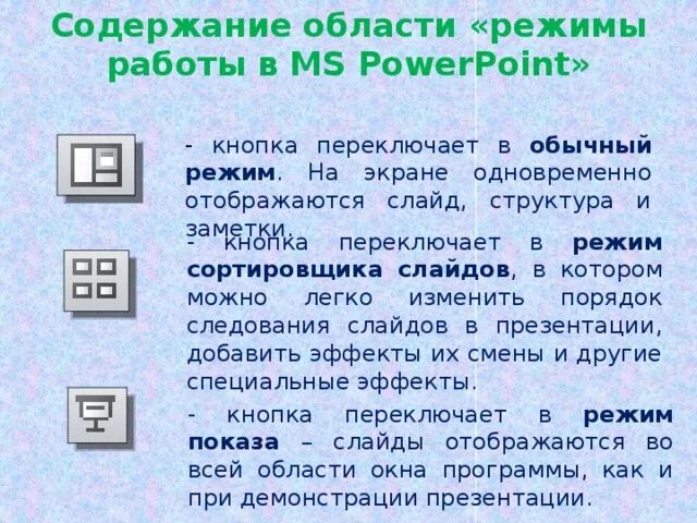 Режимы работы программы. Режимы работы с презентацией. Режим структуры в POWERPOINT. Режим сортировщик слайдов в POWERPOINT. Клавиши переключения экранов