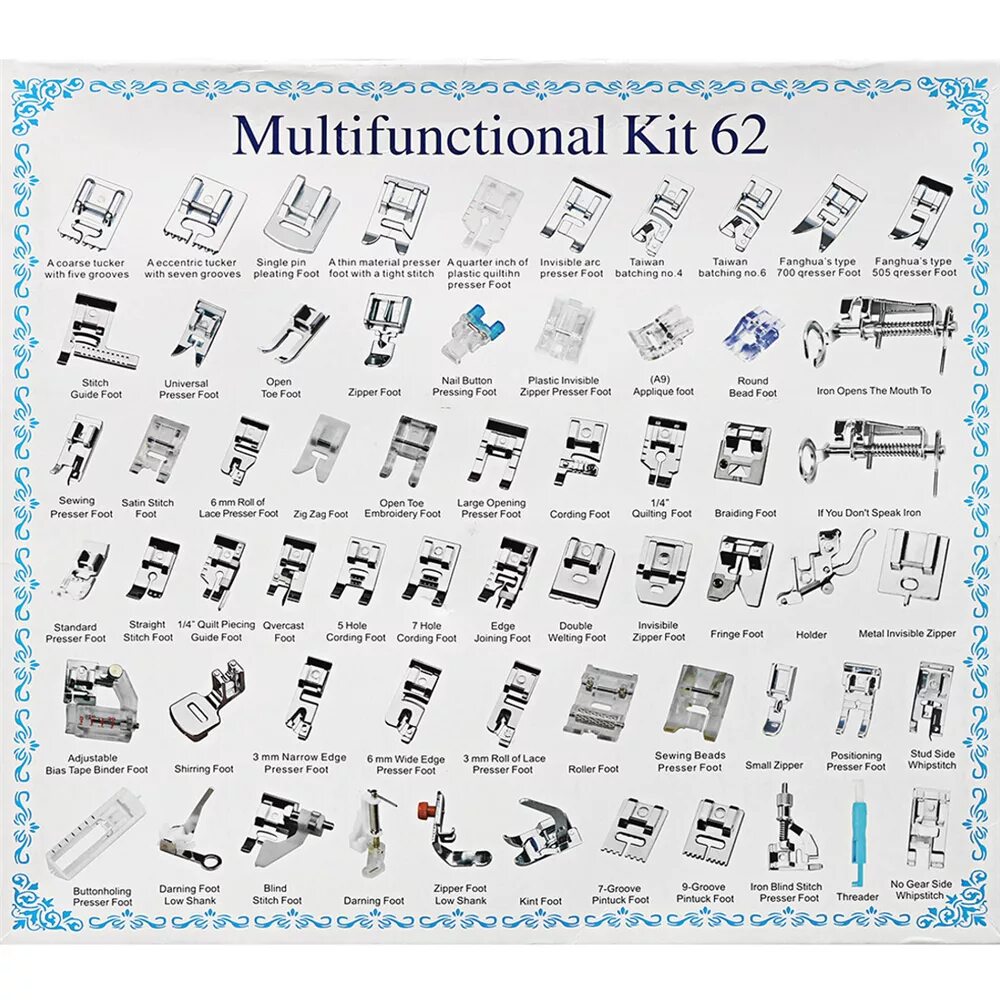 Лапок 32 лапки. Ширина крепления лапки для швейных машин. Multifunctional Kit 32 лапки для швейной машине. Набор швейных лапок кит 62. Набор лапок для швейных машин 62 шт.