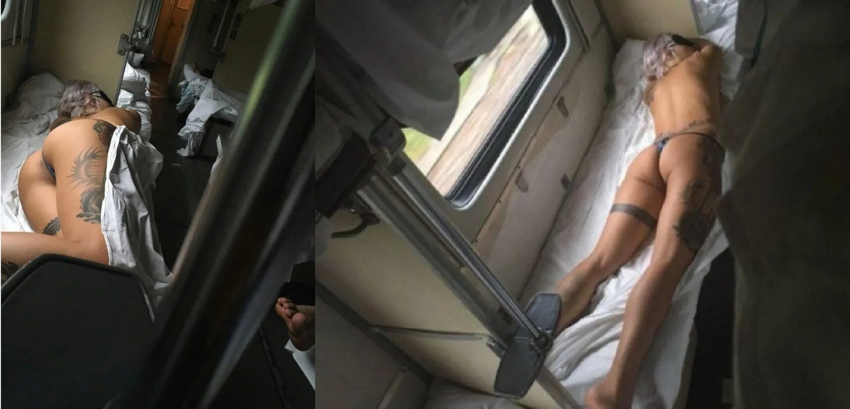 Блонда без одежды в ожидании поезда