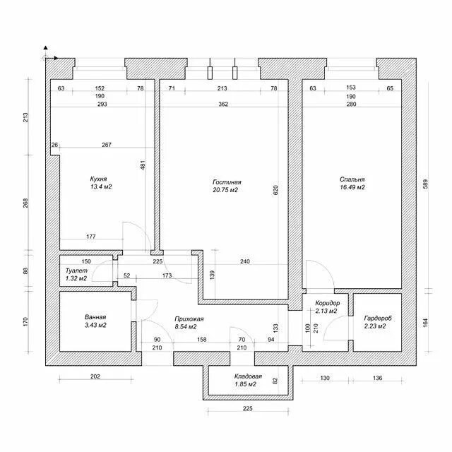 План 2 комнатной квартиры с размерами чертеж Дизайн квартиры 3 комнатной 75 Какаду Декор.ру