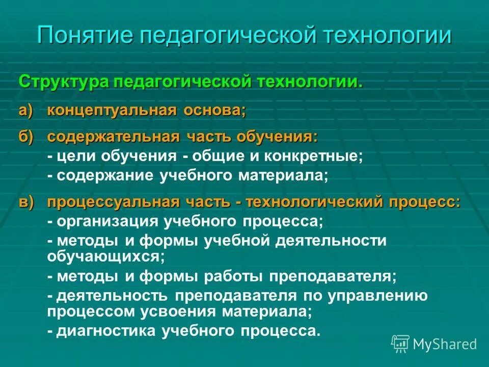 Иерархия педагогических технологий. Структура педагогической технологии. Компоненты педагогической технологии.