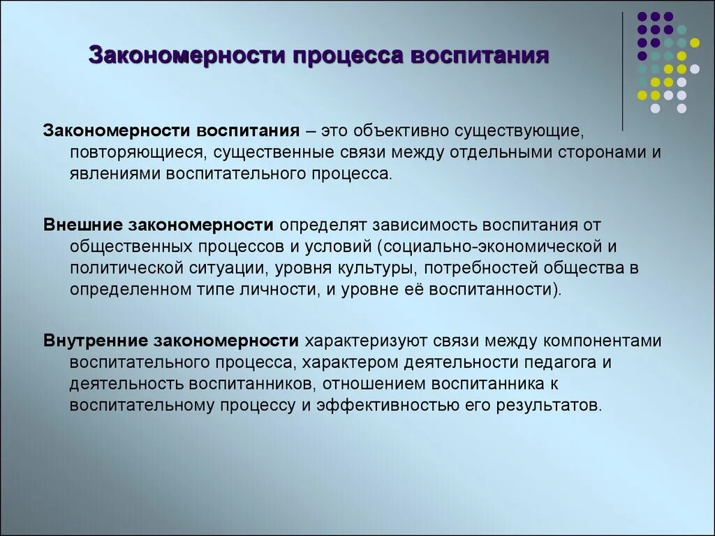 К вариантам воспитания относится. Ведущие закономерности процесса воспитания.. Закономерности воспитания в педагогике. Звкономерностивоспитания. Закономерности процесса воспитания в педагогике.