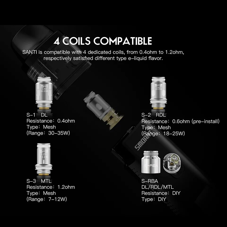 Испаритель Smoant Santi s1. Smoant Santi Coil (s-2 RDL 0.6 ом) - испарители, 3 шт. Испаритель Smoant Santi s 2 0.6 ohm. Набор Smoant Santi 1100mah 40w pod Kit.