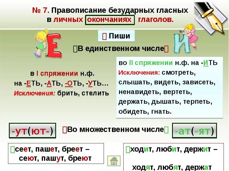 Какую букву писать в окончании глаголов. Глагол правописание безударных личных окончаний глаголов. Спряжение глаголов правописание безударных окончаний глаголов. Спряжение глаголов гласные в личных окончаниях глаголов. Правописание безударных гласных в окончаниях глаголов.