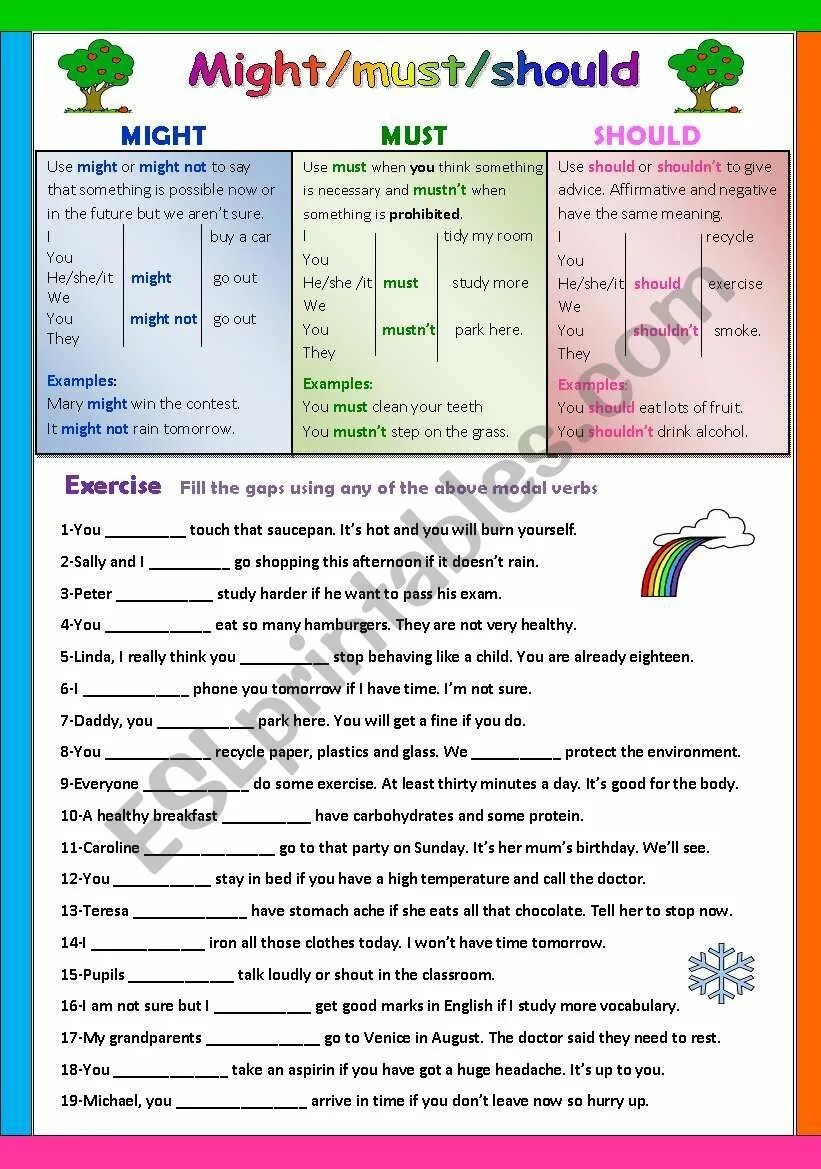 Exercise may might have to. Must have to should упражнения. can may must should worksheets. must may might exercises. must have to should worksheets.