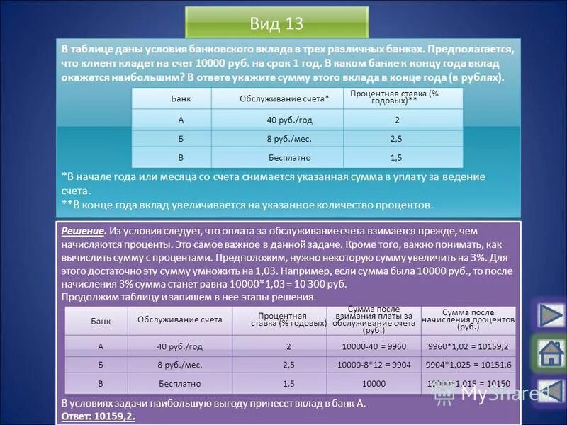 Процент по счетам в разных банках. В таблице даны условия банковского вклада. Таблица для банковских задач. Вид дипозита в трёх разных банках. Вклад задачи условия.