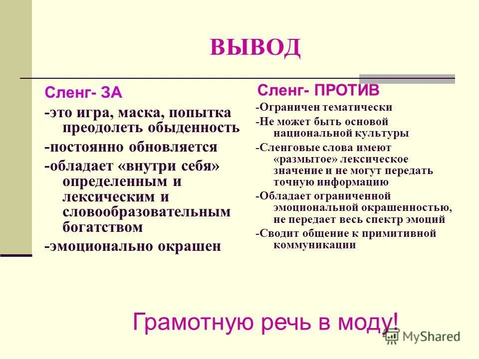 Жаргон отличается. Молодёжный сленг за и против. Плюсы и минусы молодежного сленга. Молодежный сленг проектная работа. Сленг вывод.