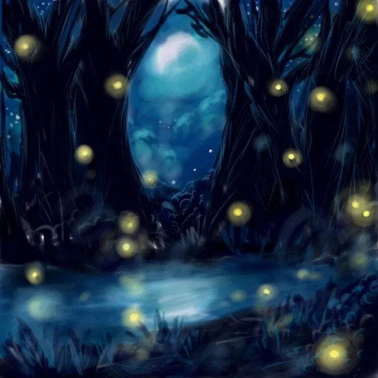 Ночной сказочный лес. Светлячок сказочный. Сказочный лес светлячки. Волшебный лес ночью.