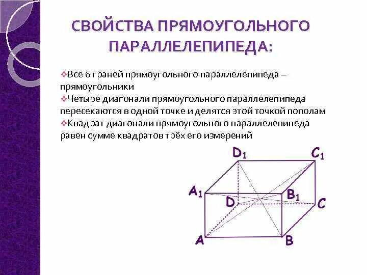 Свойство диагоналей прямоугольного параллелепипеда. Свойство диагоналей прямого параллелепипеда. Докажите свойство диагонали прямоугольного параллелепипеда. Свойства диагоналей прямоугольного параллелепипеда 10 класс. Теорема о диагонали прямоугольного параллелепипеда и следствие