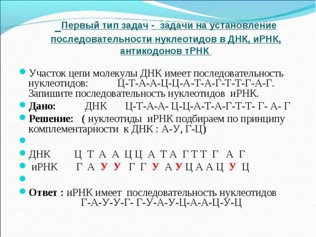 Кодирующая цепь днк имеет последовательность. Цепочка ДНК ИРНК ТРНК. Задачи на комплементарность ДНК И РНК С решением. ДНК ИРНК ТРНК задачи. Задачи по биологии на ДНК И РНК С решением 9.