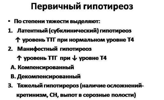 Манифестный первичный гипотиреоз диагностика. Декомпенсированный первичный гипотиреоз. Гипотиреоз степени тяжести. Гипотиреоз классификация.