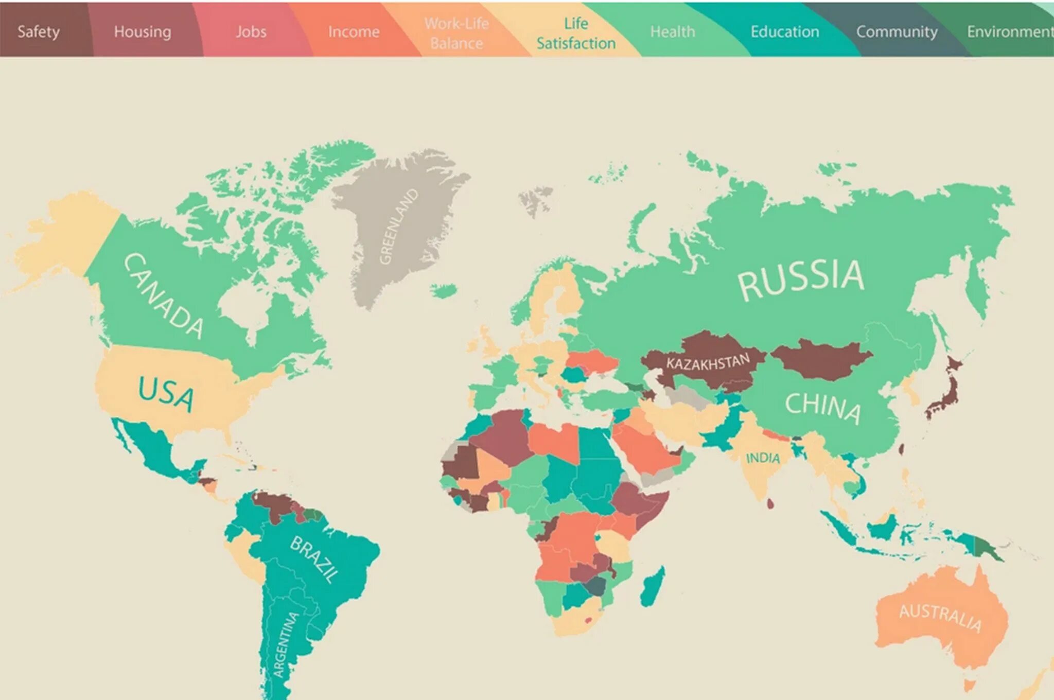 Индекс лучшей жизни. Карта ценностей жителей разных стран. People around the World. Life satisfaction. In many countries around the