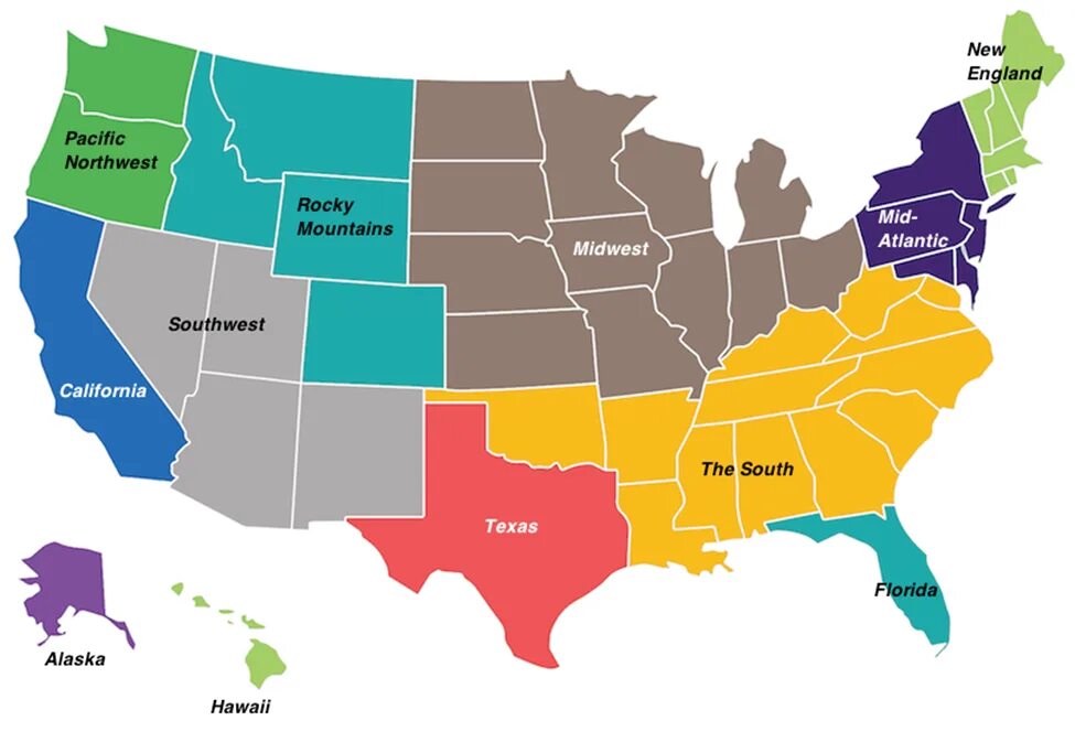 В каком районе находится сша. Регионы США. Регионы США на карте. Районы США. Экономические регионы США.