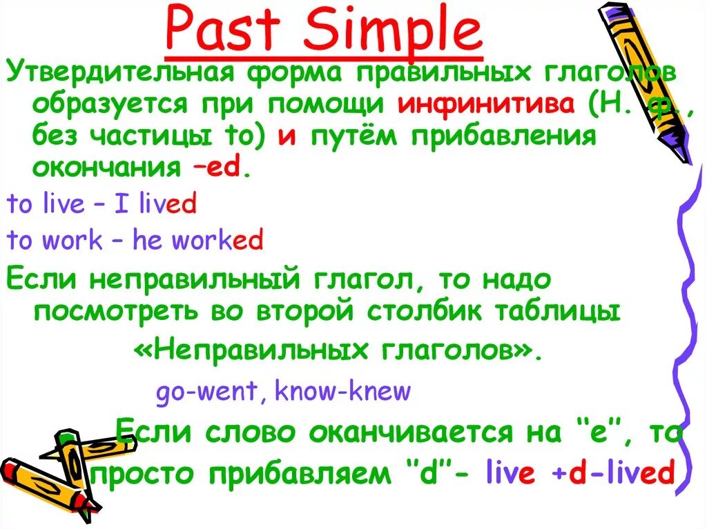 Правило образования простого прошедшего времени past simple. Правило past simple в английском. Past simple правило утвердительное предложение. Past simple образование утвердительной формы. Глаголы в правильной отрицательной форме