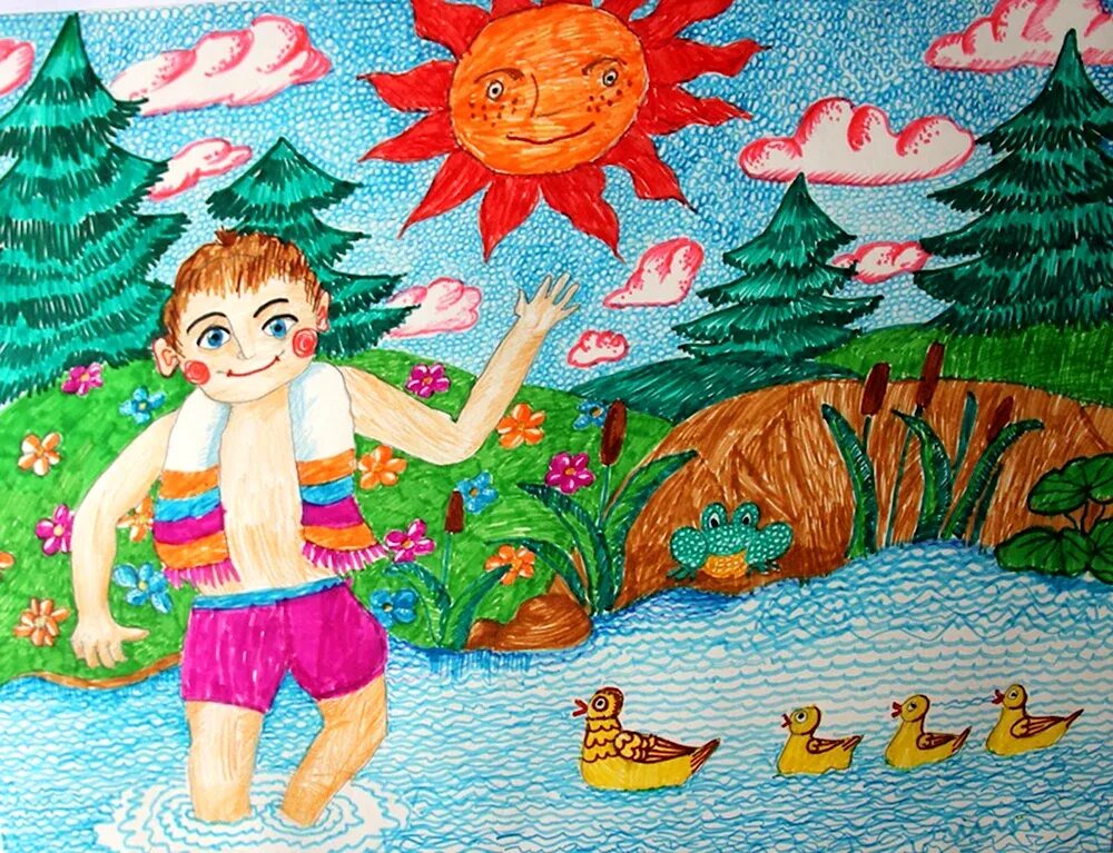 Рисунок хорошо летом. Рисунок на тему лето. рисунок на летнюю тему. детский рисунок лето. рисунок лето для детей.