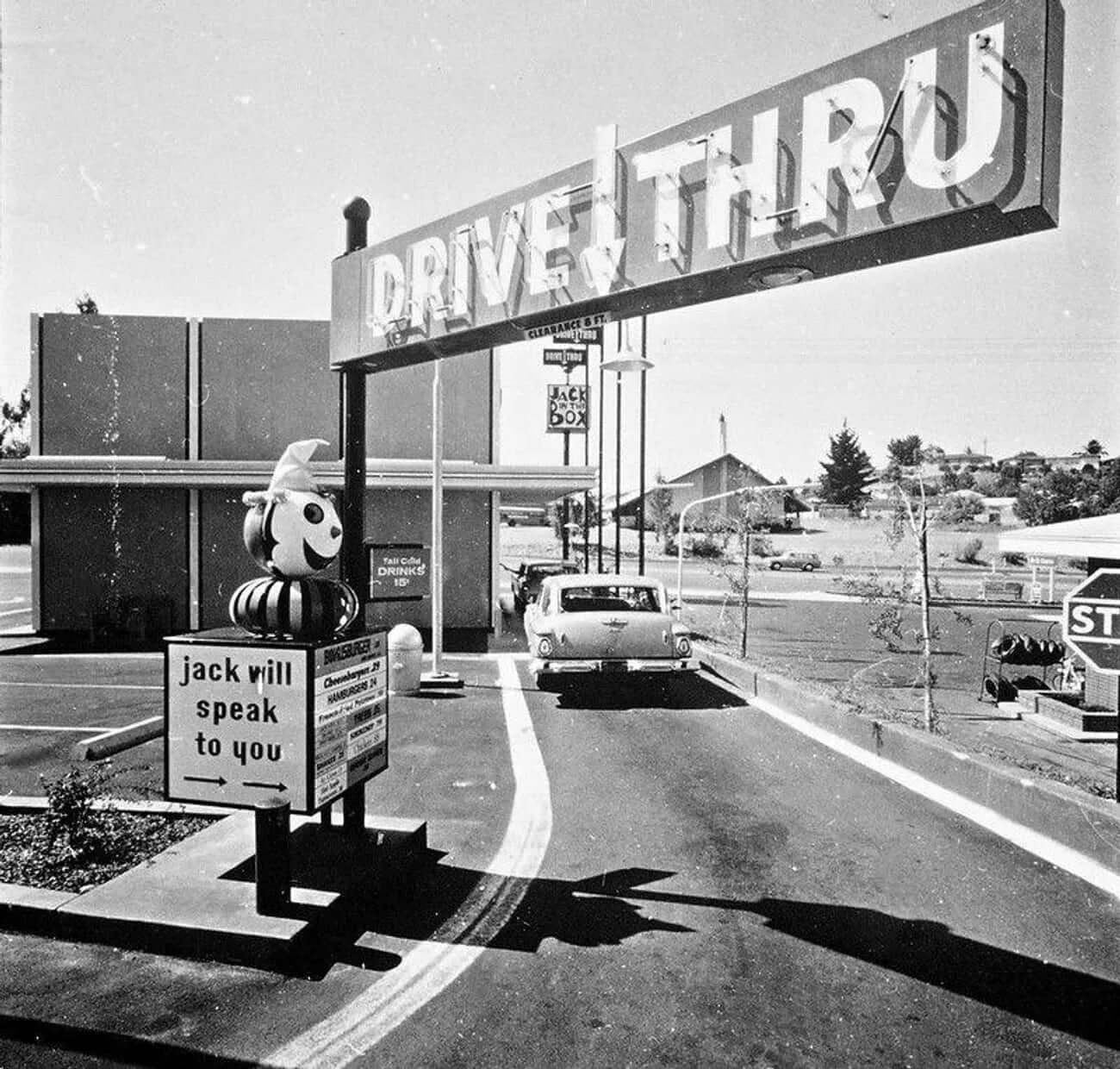 Jack in the Box Drive thru. Drive through USA. Old time USA Drive. Age when you can Drive in the USA. Jack speak