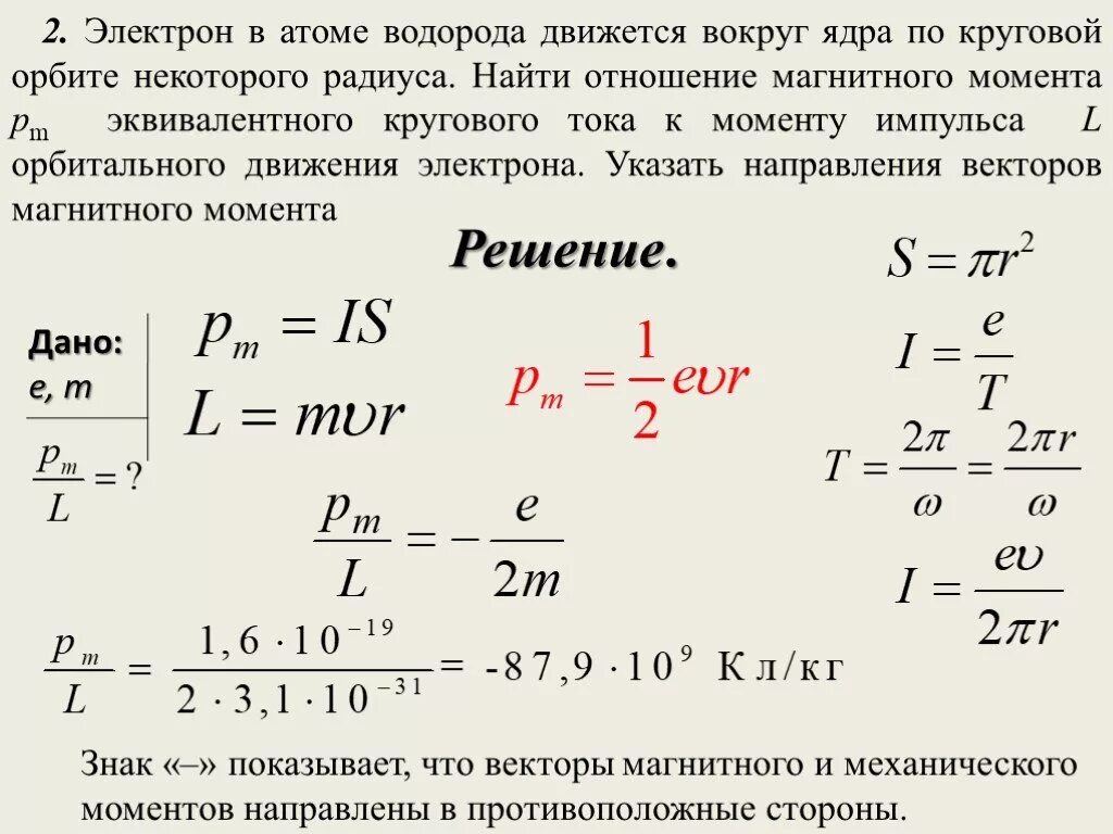 Магнитный момент электрона в атоме водорода. Магнитный момент кругового тока. Магнитный момент кольцевого тока. Момент импульса электрона в атоме водорода. Кинетическая энергия осколков ядер