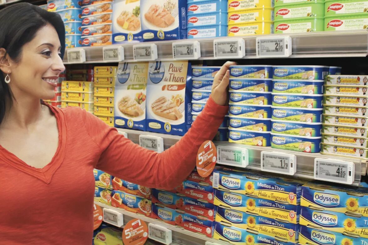 Electronic Shelf Label. Retail Price. Electric Shelf Labels Prices. Фото женщины в магазине с высокими ценниками. Photo prices