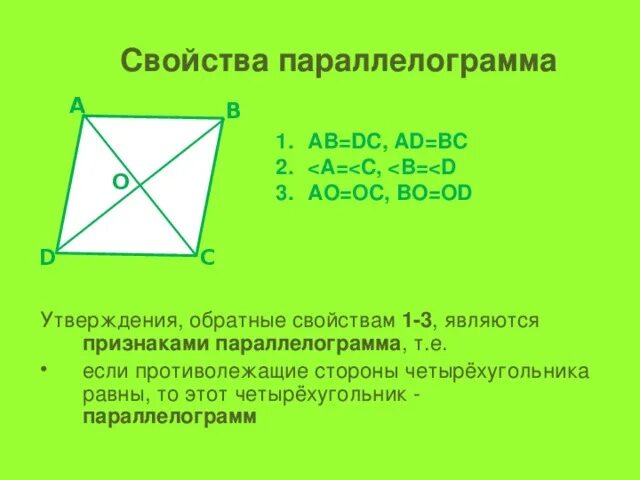 Найдите сумму внутренних углов выпуклого четырехугольника. Свойства параллелограмма. диагонали параллелограмма. признаки параллелограмма. свойства диагоналей четырехугольника.