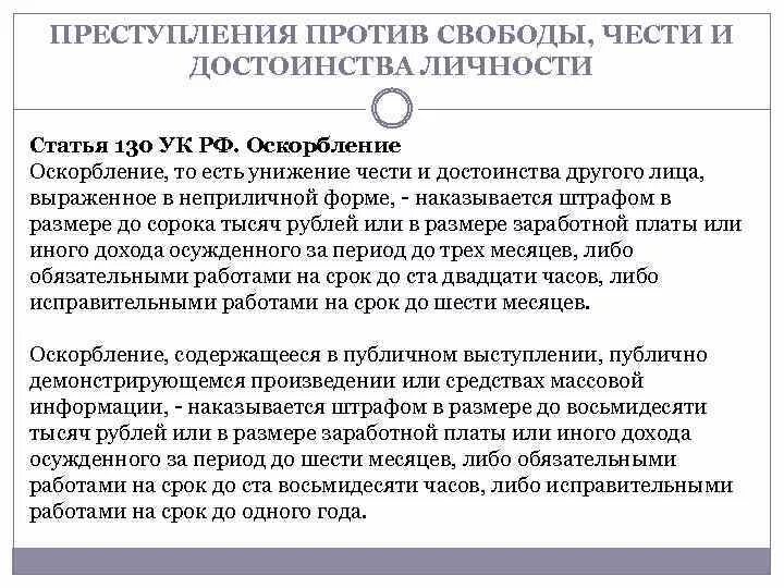 Статья унижение чести. Ст 130 УК РФ оскорбление. Оскорбление чести и достоинства статья. Статья за унижение личности. Статья уголовного кодекса оскорбление