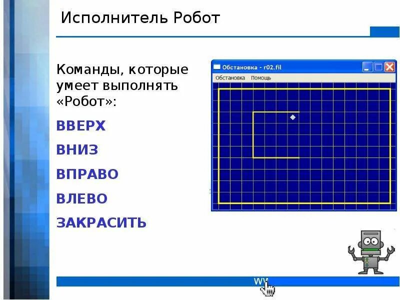 Ин2390401 информатика 9. Исполнитель робот. Графический исполнитель робот. Информатика робот исполнитель. Команды исполнителя робот.