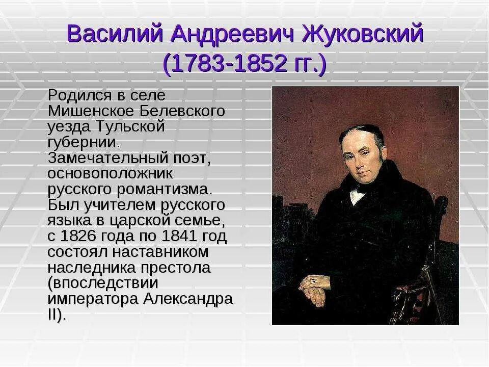 Русский поэт переводчик 4. Василий андреевич жуковский поэт. василий андреевич жуковский (1783-1852 гг.). василий андреевич жуковский город. жуковский василий андреевич биография.