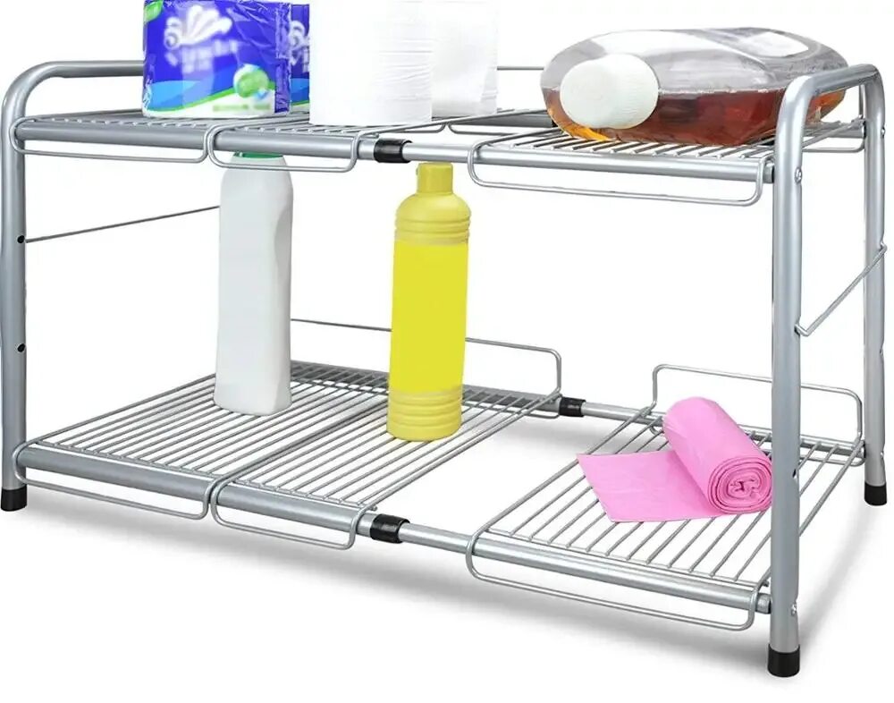 Surpahs 2 Tier under Sink Expandable Shelf Organizer, Storage Rack (Silver). Полка раздвижная под раковину Cabrini. Раздвижная полка под мойку. Раздвижная полка под раковину на кухню.