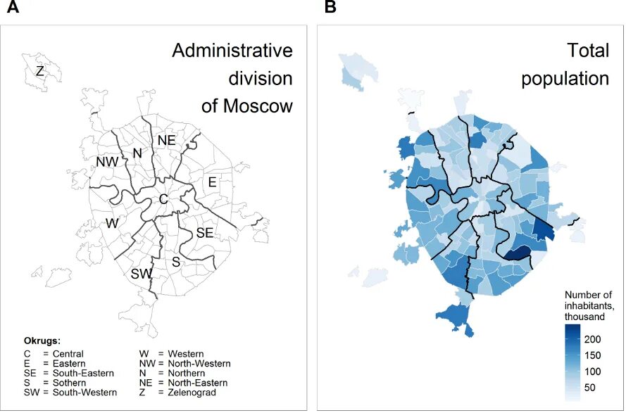 Плотность населения Москвы по районам. Population Moscow. Карта населенности Москвы. Moscow Administrative Districts.